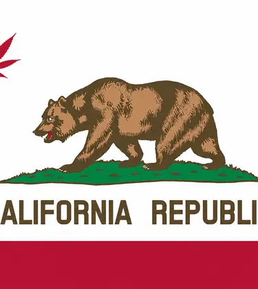 Modified California flag with a red cannabis leaf replacing the star