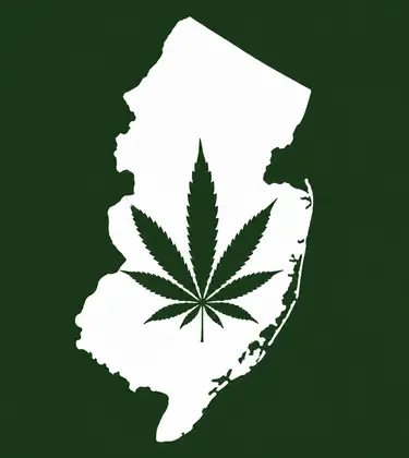White silhouette of New Jersey on a dark green background, with a dark green cannabis leaf centered inside the state outline.