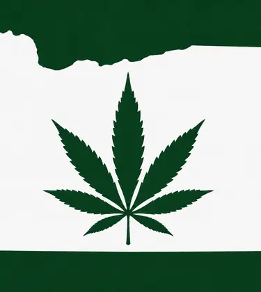 White silhouette of Oregon on a dark green background, with a dark green cannabis leaf centered inside the state outline.