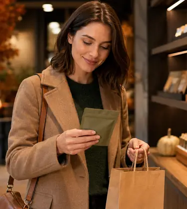Woman shopping for cannabis products in a warmly lit dispensary decorated for autumn and Thanksgiving.