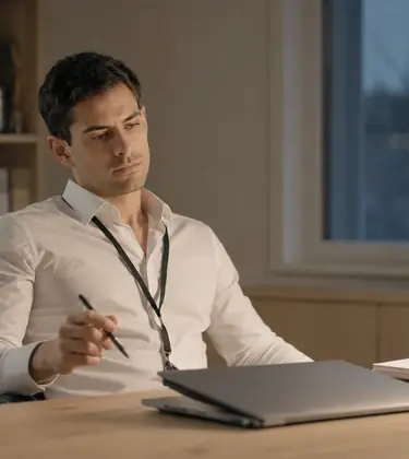 Man in a white shirt with a work lanyard sitting at a home office desk in soft evening light, deliberating.