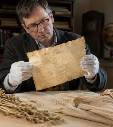 A historian wearing white gloves examines an aged parchment beside hemp stalks, rope and cloth in a warmly lit archive.