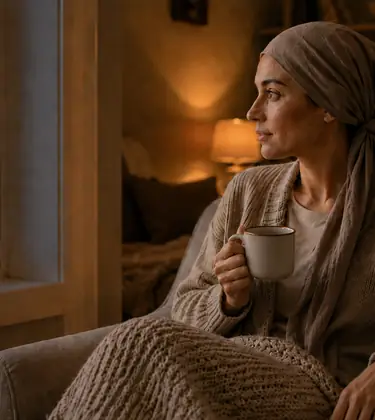 Woman in a headscarf sitting in an armchair by a window with a mug in her hands, an amber dropper bottle on the side table.