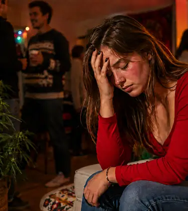 Young woman sitting on the edge of a sofa with her head in her hand at a party, a large cannabis plant beside her.