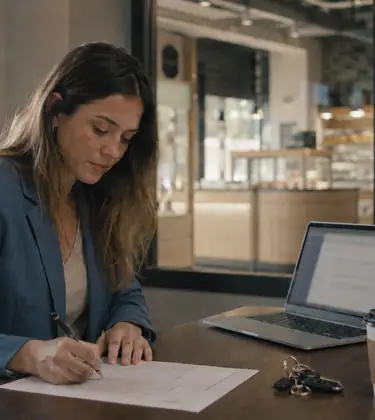 Young woman in a small office filling in a paper form at her desk with a sealed labeled cannabis container beside her
