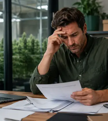 Stressed cannabis business owner reviews financial documents in an office overlooking an indoor grow facility.