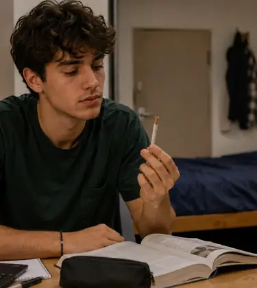 College student examining a pre-roll while studying at a desk in a dorm room.