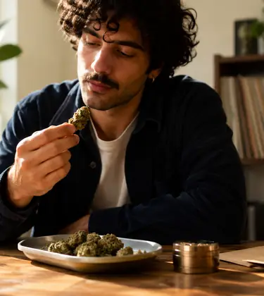 A young man examines a cannabis bud at a sunlit wooden table with loose flower, a grinder, and plain paper packets.