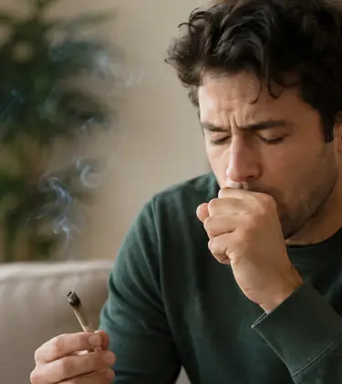 Man coughing while holding a lit cannabis joint in a softly lit living room.