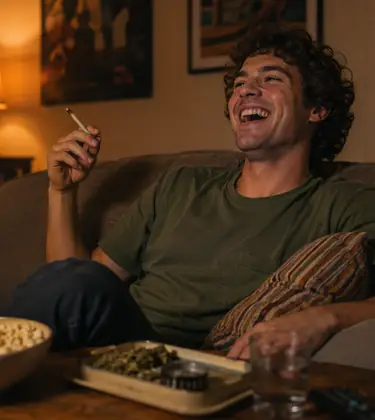 A man laughing on a sofa while watching a comedy, holding a joint with popcorn and cannabis on the coffee table.