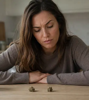 Young woman at a kitchen table comparing two small dried cannabis buds side by side with a skeptical look.