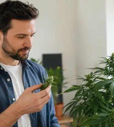 Man carefully inspecting a cannabis plant in a bright indoor growing space.