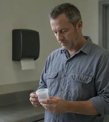 Man in a work shirt looking down at a plain specimen cup in a clinic collection room.