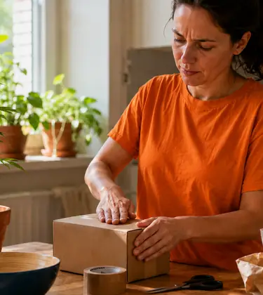 Woman taping a plain cardboard box shut on a kitchen table beside a potted cannabis plant.