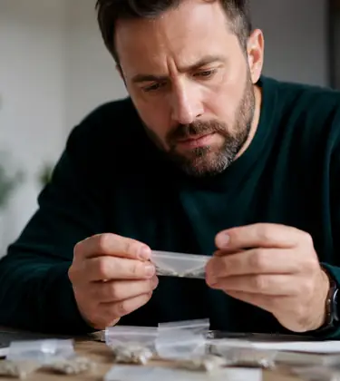 Man inspecting packets of cannabis seeds beside a laptop while checking an online seed order.