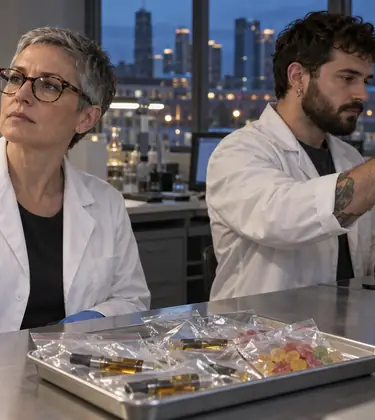 Two forensic chemists at night examining a vape cartridge of amber oil beside a tray of seized cartridges and a gas chromatograph