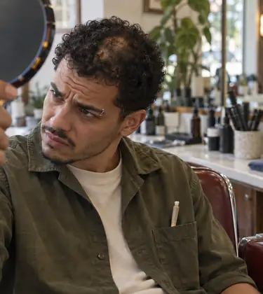 A young man in a barbershop chair checking his thinning crown in a hand mirror, with a joint in his shirt pocket