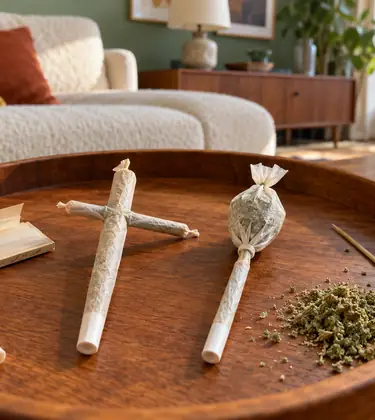 An unlit cross joint and a tulip joint on a wooden rolling tray with papers, filter tips and ground cannabis