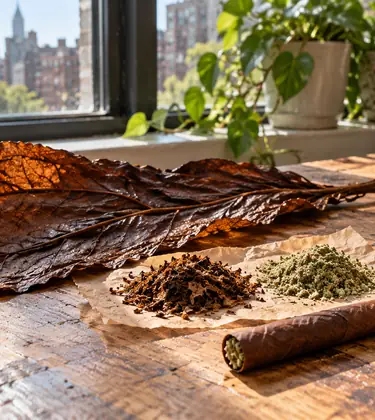 A dried fronto leaf glows in midday window light beside piles of crumbled grabba and ground cannabis and a fronto blunt