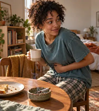 A young woman at a breakfast table with coffee and a joint holds her stomach and glances toward an open bathroom door
