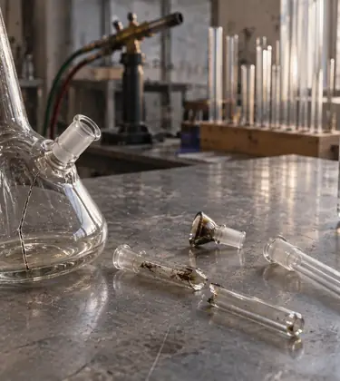 A clear glass bong with a hairline crack lying on a steel studio workbench beside a snapped downstem and a new replacement, with an unlit torch and glass tubing in the background