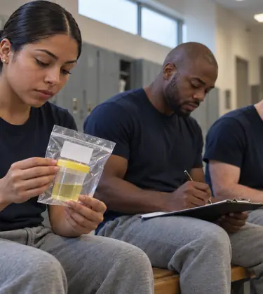Three young police academy recruits on a locker room bench, one holding a sealed urine drug test cup
