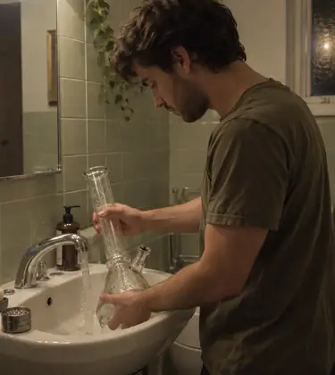 Young man rinsing a tall glass water pipe under a bathroom tap late at night, a small grinder resting on the edge of the basin