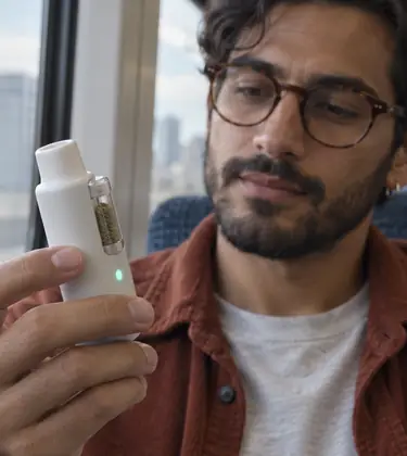 A young man on a commuter train holding a handheld metered-dose cannabis inhaler with a small dose cartridge