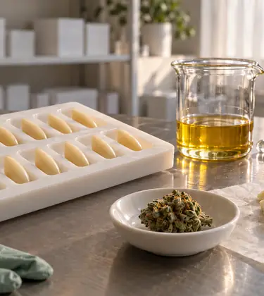 A tray of freshly molded cannabis suppositories beside melted cocoa butter and a cannabis bud on a pharmacy bench