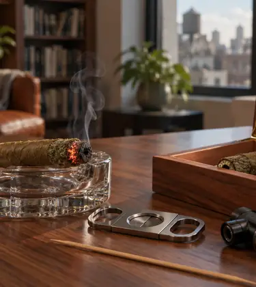 Two cannagars in an open cedar humidor and a lit one on an ashtray beside a cigar cutter and torch lighter on a walnut desk