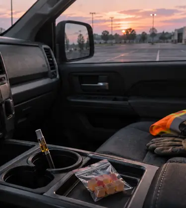 A vape cartridge and a bag of gummies on a car console at dawn, with a work vest, gloves and a blank ID badge on the passenger seat
