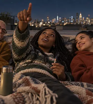 Three friends lie on a rooftop blanket at night as one points at the sky with a joint and another writes in a notebook