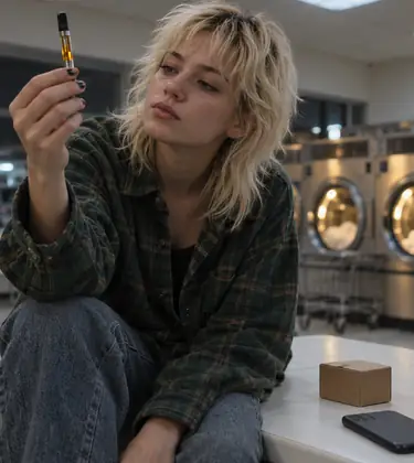 A young woman in a late-night laundromat holds a vape cartridge of amber oil up to the light
