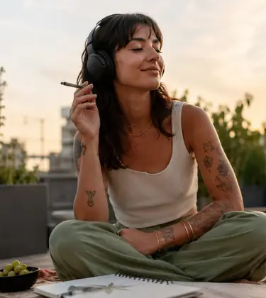 A relaxed woman wearing headphones sits on a rooftop blanket at sunset, holding a pre-roll with a sketchbook and snacks nearby.