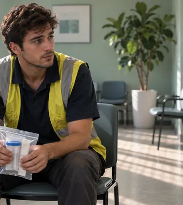 A young man in a safety vest waiting at an occupational health clinic with a sealed kit for a workplace drug test
