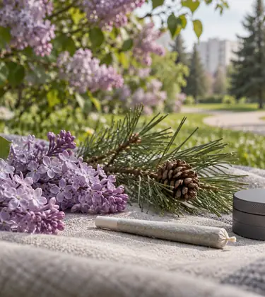 Lilac blossoms, a pine sprig, and a joint on a linen picnic blanket in a city park