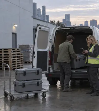 Two young workers loading sealed gray transport cases into a plain unmarked van in a concrete loading bay at dawn, one checking a tablet against the load