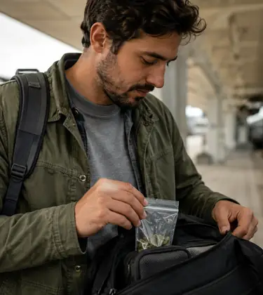 A traveler at a train station discreetly places a small cannabis pouch into his bag, with a train and bus in the background.