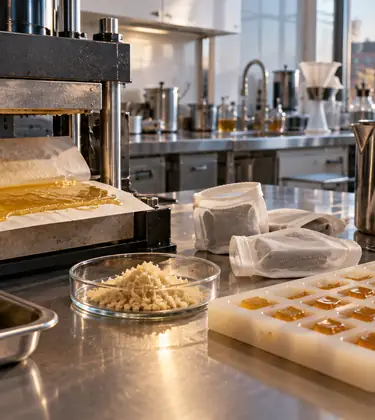 A rosin press with a golden sheet of rosin, bubble hash and a mold of amber gummies on a steel bench in the early morning
