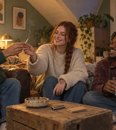 Three friends pass a joint in a hazy attic hotbox room, a rolled towel along the bottom of the closed door