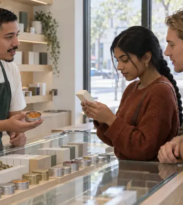 A budtender showing rosin gummies to two young customers at a dispensary counter in the morning