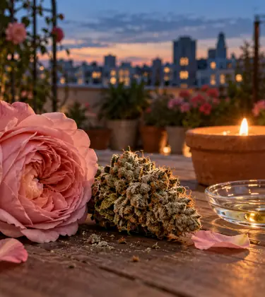 A cannabis bud beside an open pink rose and a dish of pale oil on a rooftop table at dusk, with geraniums behind