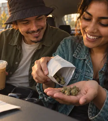 Two friends in a parked car laugh as she tips small popcorn buds from a pouch into her palm at golden hour