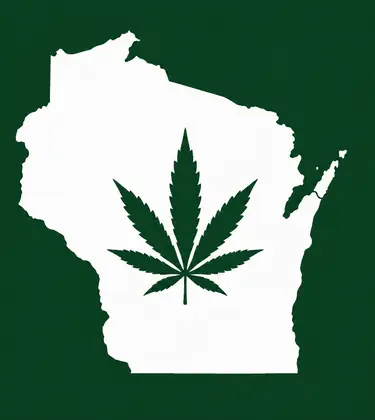 White silhouette of Wisconsin on a dark green background, with a dark green cannabis leaf centered inside the state outline.