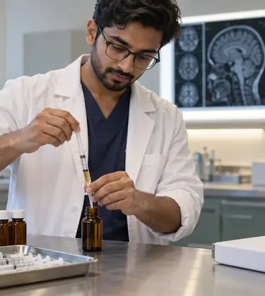 A research pharmacist draws golden oil from an amber bottle into an oral syringe, with a brain scan on a lightbox behind him