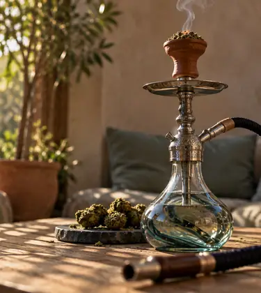 A glass hookah with weed packed in its clay bowl on a courtyard table in the late afternoon, beside a small tray of cannabis buds