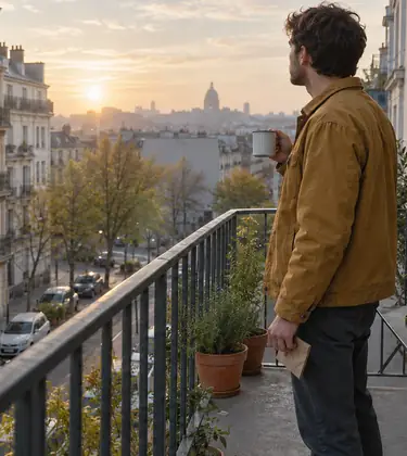 Young man standing at an apartment balcony railing at sunrise with a coffee and a seed packet, a jar of dried cannabis flower and a grinder on the small table beside him