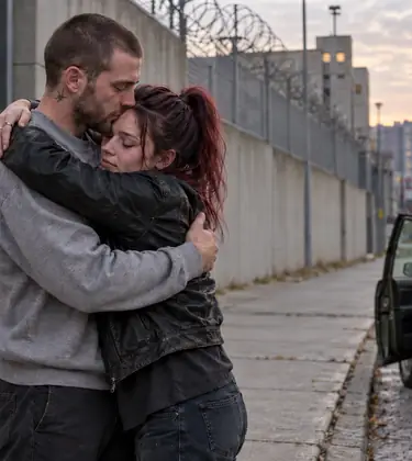 A young man just released from a detention center hugs his sister on the sidewalk, a bag of his belongings at his feet