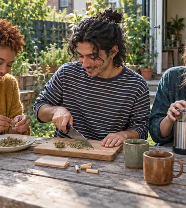 Three friends in a backyard break up cannabis by hand, with a chef's knife and with a blade coffee grinder
