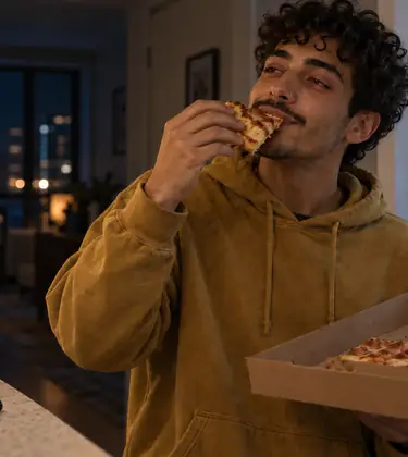 A young man with red, glassy eyes eats cold pizza at an open fridge late at night, a vape pen on the counter